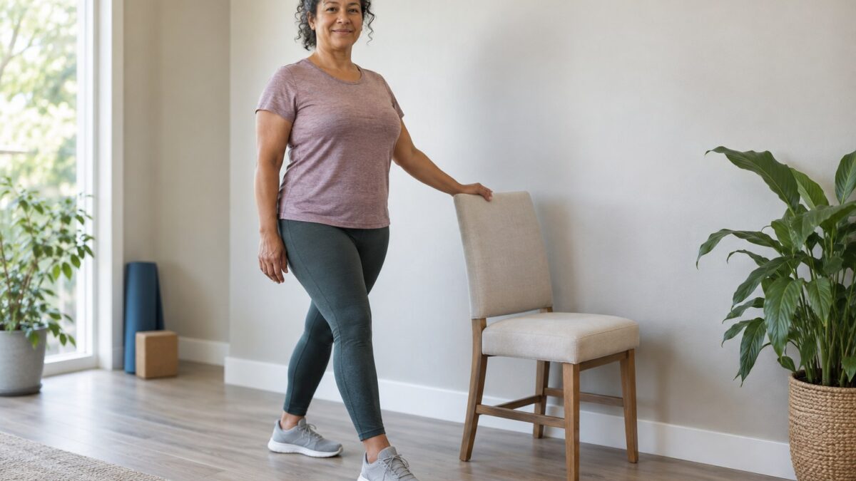 A 10-Minute Balance Practice with Chair Support — illustrative fitness image